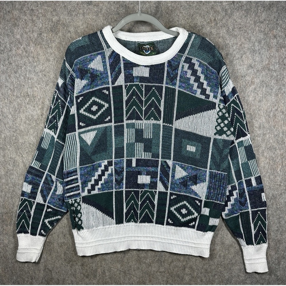 Vintage Jantzen Sweater Mens M Green Geometric Knit Made in USA Crewneck Grandpa
